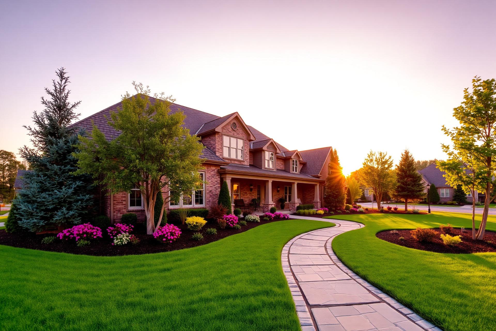 Beautifully landscaped Indiana home at golden hour